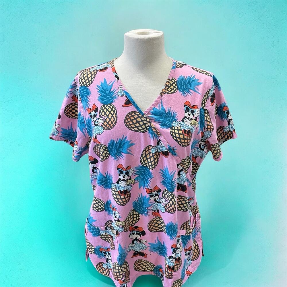 Disney Women’s Large Scrub Top Pineapple Minnie Mouse Short Sleeve Nurse Medical